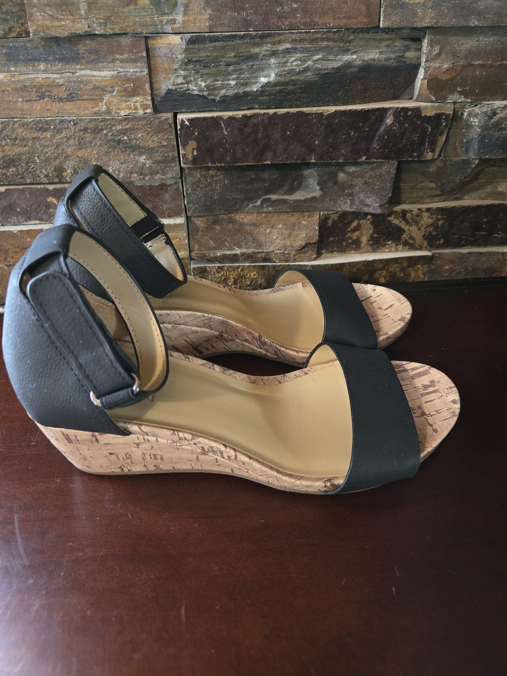 Naturalizer Black Cork Wedge Sandals with Ankle Strap